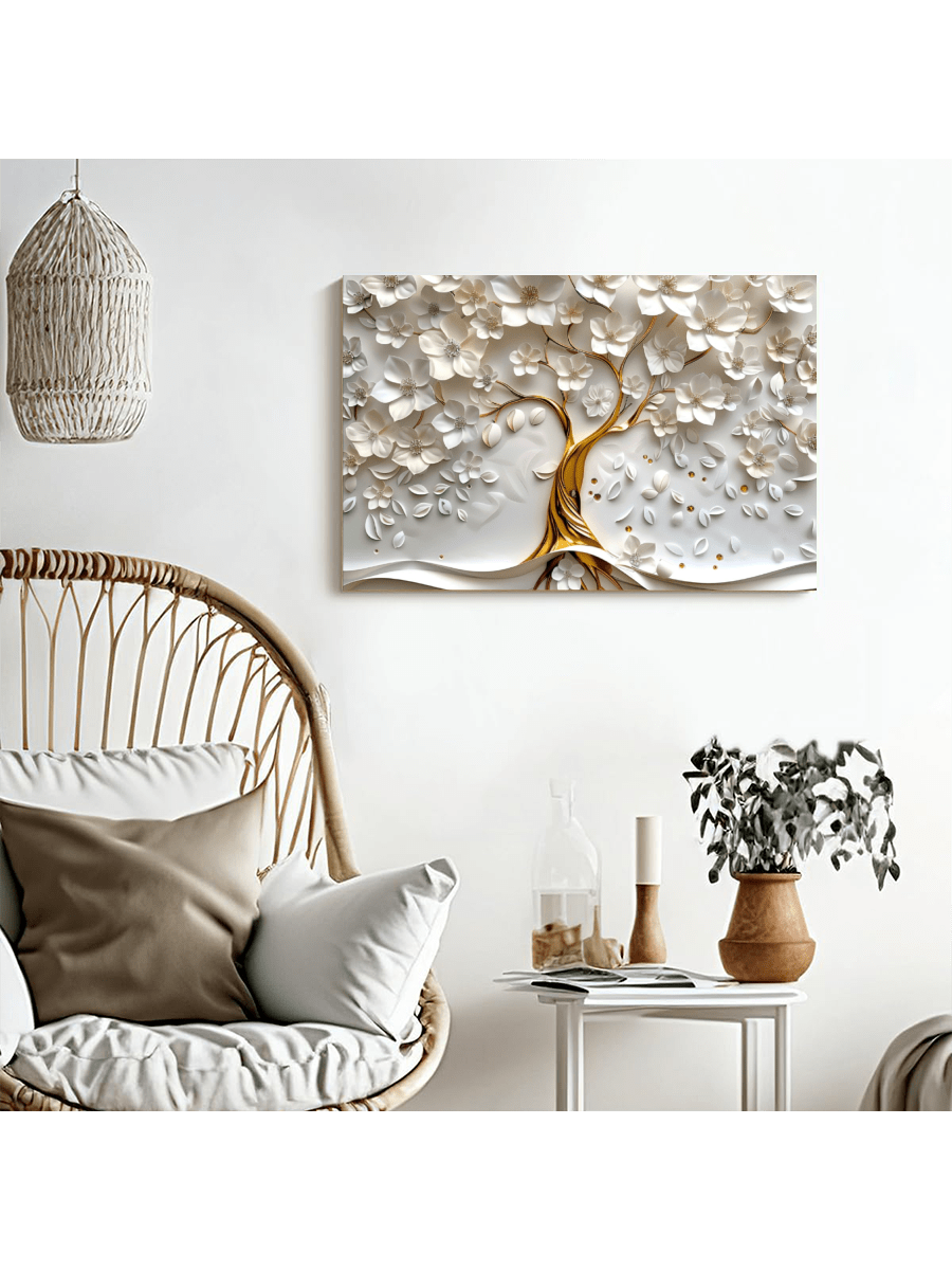 1 Pc White Tree 3D Effect Framed Canvas Wall Art, Canvas Poster Prints Wall Art For Bedroom, Living Room, And Corridor, I Deal Gift For Home Decor And Room Decoration