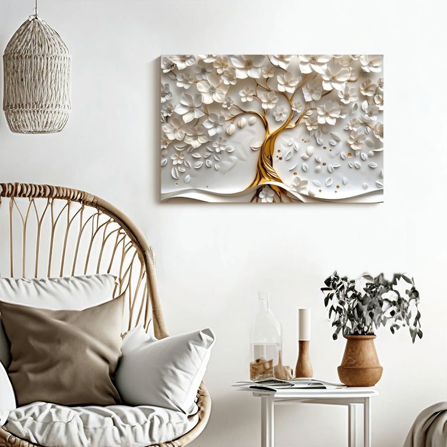 1 Pc White Tree 3D Effect Framed Canvas Wall Art, Canvas Poster Prints Wall Art For Bedroom, Living Room, And Corridor, I Deal Gift For Home Decor And Room Decoration